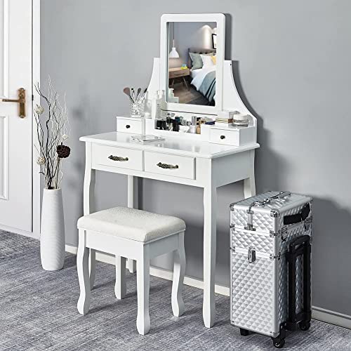 Meerveil Dressing Table Stool, White Soft Padded MDF Wood Vanity Stool Baroque Printing Stool, 41 x 30 x 45cm