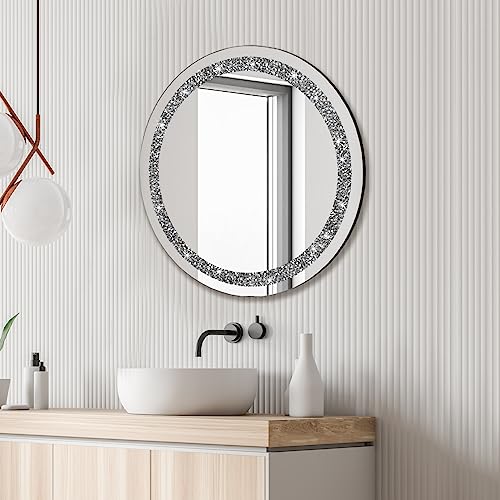 Ruomeng Round Wall Mirror Crystal Crush Diamond Mirror for Home Décor Accent Mirror for Bathroom, Entryway and Bedroom, 24"