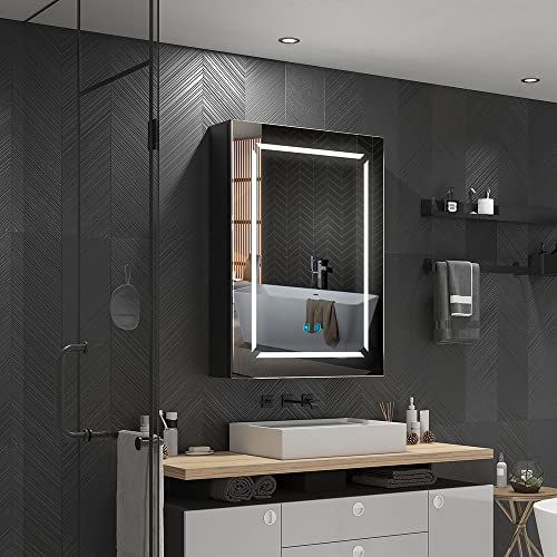 Quavikey® Bathroom Mirror Cabinet with Lights and Shaver Socket Black LED Medicine Cabinet Wall Mounted with Shelf 3 Color Temperature Adjustment