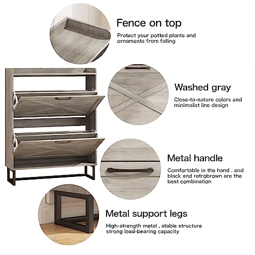 Maupvit Shoe Cabinet with 2 Flip Drawers, Freestanding Shoe Cabinet Organizer with Metal Legs, Shoes Storage Cabinet for Entryway, Narrow Shoe Ra