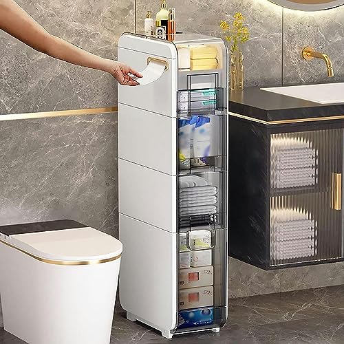 OPSREY Bathroom Floor Cabinet - Multifunctional White Narrow Toilet Organizer Floor Side Cabinet - Small Bathroom Storage, Thin Toilet Vanity Cab
