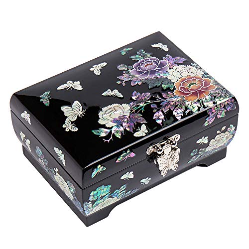 Mother of Pearl Crane Bird and Pine Tree Design Purple Wooden Jewellery Drawer Mirror Trinket Keepsake Treasure Gift Asian Lacquer Box Case Chest
