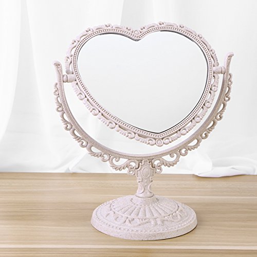 FRCOLOR Vanity Mirror 2x Magnification Heart Shape Two Sided Swivel Tabletop Makeup Mirror Beige