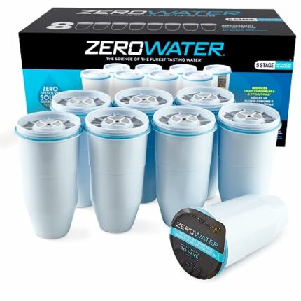 ZeroWater Replacement Water Filter Cartridges, 5 Stage Filtration System Reduces Fluoride, Chlorine, Lead and Chromium, 8 x Filter