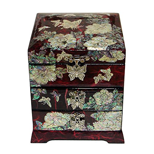 Mother of Pearl Crane Bird and Pine Tree Design Purple Wooden Jewellery Drawer Mirror Trinket Keepsake Treasure Gift Asian Lacquer Box Case Chest