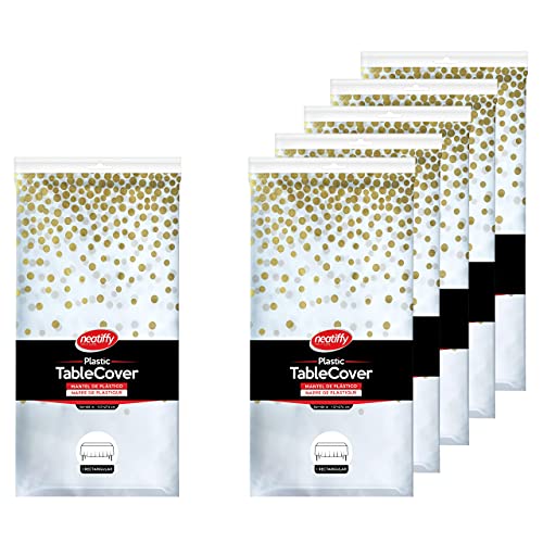 Neatiffy 6 Pack Plastic Table Cloth Picnic/Party/Banquet, Disposable/Reusable Table Cover (White Golden Dot)
