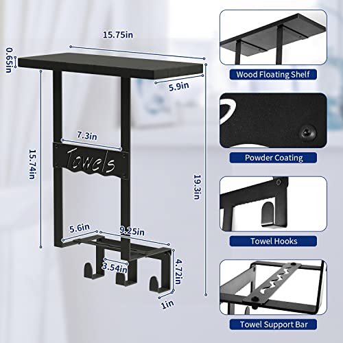 Lzziib Wall Mounted Towel Rack for Bathroom with Shelf, Towel Hanger Holder with 3 Hooks and Wooden Shelf, Metal Frame Decorative Towel Storage f