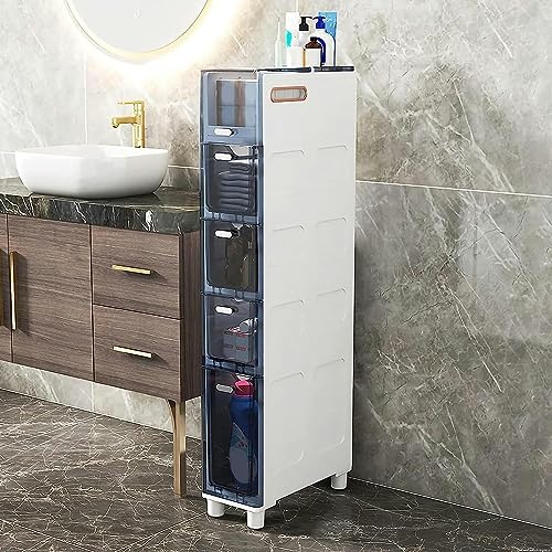 Narrow Bathroom Floor Cabinet, Slim Toilet Storage Cabinet Storage Tower with Clear Drawers and Casters, Sturdy Narrow Dresser Tower for Bathroom