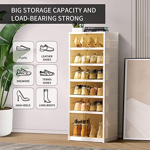 CIMLORD 6-12 Pairs Shoe Rack for Closet Foldable Shoe Organizer Plastic Shoe Boxes Clear Brown Doors Shoe Cabinet for Entryway Easy Assembly Shoe