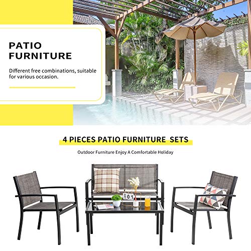 Shintenchi 4 Pieces Patio Furniture Set All Weather Textile Fabric Outdoor Conversation Set, with Glass Coffee Table, Loveseat, 2 Single Chairs f