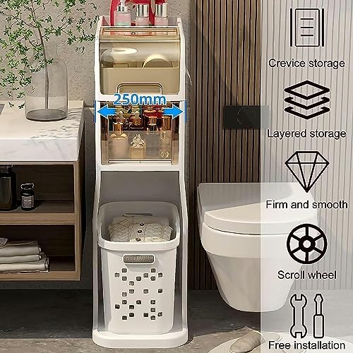 OPSREY 4 Tier Bathroom Floor Cabinet Laundry Hamper Cabinet, Slim Toilet Paper Storage Cabinet with Basket and Clear Drawers Narrow Tall Floor Ca