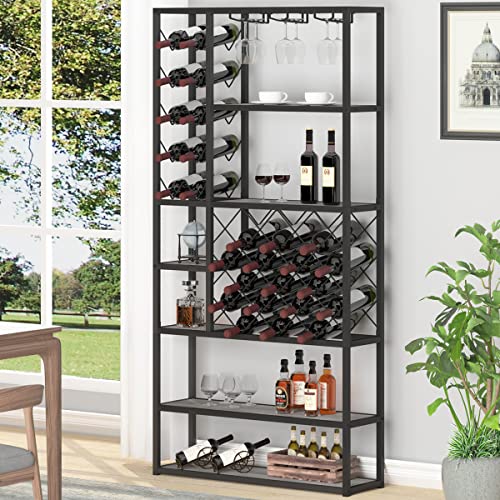 Launica Wine Rack freestanding Floor, Modern Tall Display Wine Storage Shelves, Wood and Metal Rustic Farmhouse Stackable Bakers Rack, Coffee Buf