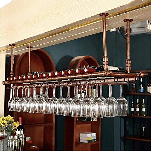 SUCHETA Hanging Wine Rack with Glass Holder and Shelf, Adjustable Height Wine Rack Ceiling Wine Racks Hanging Wine Glass Holder Vintage Wine Bott