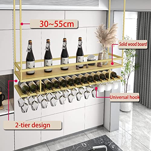 EMISOO Ceiling Mount Shelf Hanging Wine Rack with Glass Holder and Shelf, Adjustable Height Metal Ceiling Bar Wine Glass Rack, 2 Layer Industrial