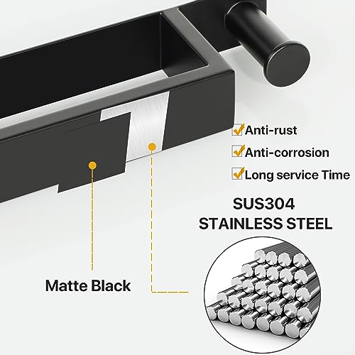 SAYAYO Towel Rail Wall Mounted Self Adhesive Towel Holder with a Hook 30CM/12-Inch Matte Black Towel Rack for Bathroom Kitchen SUS304 Stainless S