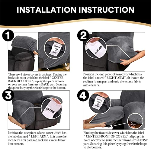 DSECHCRSL Velvet Recliner Chair Cover with Side Pocket, 4 Piece Non Slip Reclining Chair Cover, 1 Seat Stretch Recliner Cover Form Fitted Thick S