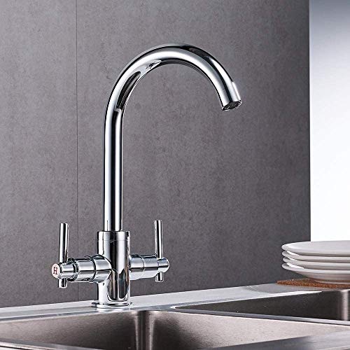 Heable Kitchen Mixer Tap Dual Lever Monobloc Swivel Spout Chrome Sink Taps Brass with UK Standard Fittings