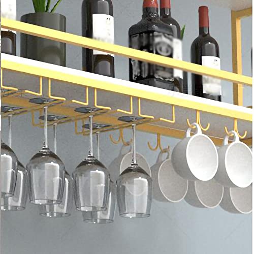 EYLINK Hanging Wine Rack with Glass Holder and Shelf, Industrial Vintage Bar Floating Shelf with Guardrail, Ceiling Mounted Hanging Wine Bottle H