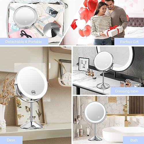 Mokoze Lighted Makeup Mirror, Rechargeable Stand Up Mirror, 8" Double Sided 1X/10X Magnification with 3 Color Lights 360 ° Rotating Touch Control