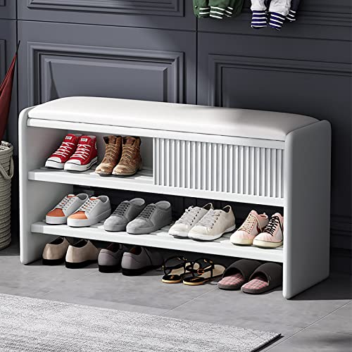 Modern Shoe Storage Bench,Wooden Entryway Bench with Leather Cushion,Upholstered Shoe Bench Shoe Cabinet Hallway Shoe Organizer Furniture-Brown-W