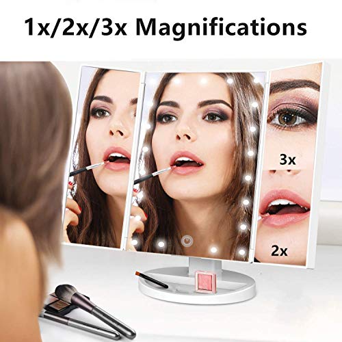 Makeup Vanity Mirror with Lights,1x 2x 3x Magnification, 21Leds Light and Touch Screen,180 Degree Rotation,Dual Power Supply, Portable Trifold Tr