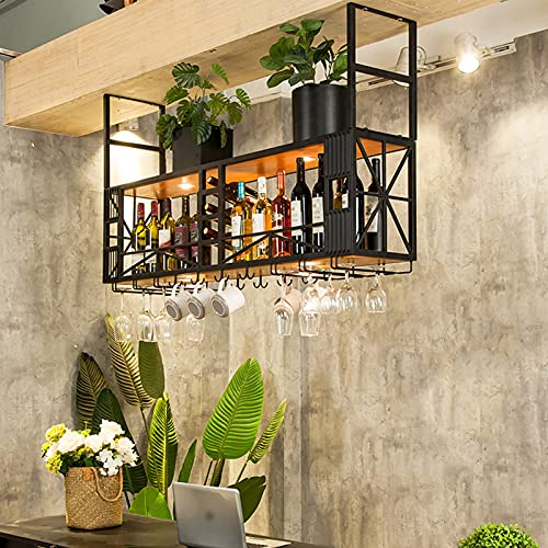 KEppd Wine Rack Wall Mounted - Wine Holder Vintage Style Ceiling Wine Racks | Metal Iron Adjustable Height Wine Bottle Holder Goblet Racks | Crea