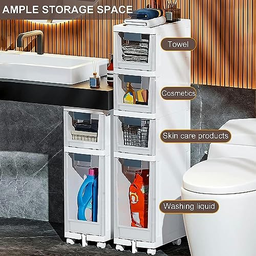OPSREY Bathroom Floor Cabinet with Drawers Narrow Tall Floor Storage Drawer Cart with Clear Storage Drawers and Casters Large Capacity Slim Toile