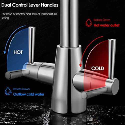 Pakuyi Kitchen Tap Dual Lever Kitchen Sink Taps Brushed Steel Kitchen Sink Mixer Tap High Arc Kitchen Faucet for Daily Use in Kitchen Living Room