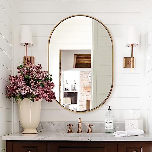 ANDY STAR Gold Mirror, 20x30 Inch Brushed Gold Oval Mirrors for Bathroom, Brass Pill Shaped Mirror, Modern SUS304 Stainless Steel Metal Frame