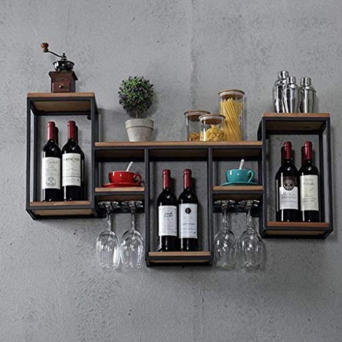 Industrial Wall Mounted Wine Racks with 8 Goblet Glass Holder, Metal Hanging Wine Bottle Holder, Vintage Wall Metal and Wood Shelf Floating Shelv