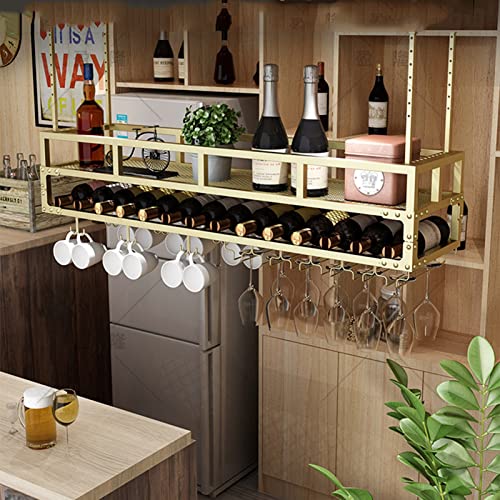 EMISOO Floating Wine Shelf with Glass Holder, Hanging Wine Rack Ceiling Stemware Shelf Wine Storage Display Rack for Under Cabinet Bar,Adjustable
