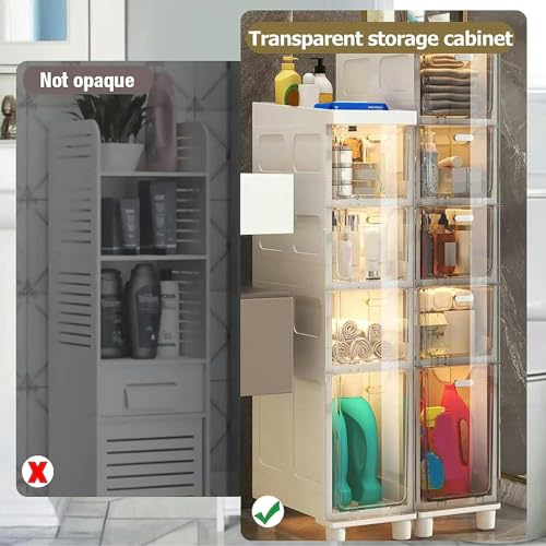 Slim Bathroom Cabinet Storage, Large Capacity Slim Toilet Paper Storage Cabinet with Clear Plastic Drawers Casters Narrow Tall Slim Floor Cabinet