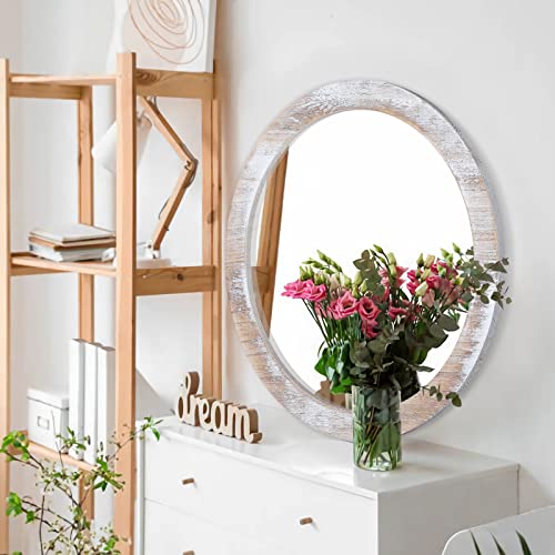JJUUYOU Rustic Circle Wall Mirror 50CM for Home Decor Rustic White Round Mirror for Bathroom Wall decor Wood Frame Mirror for Living Room, Bedroo