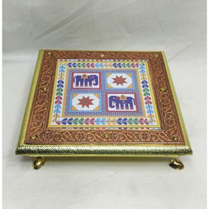 AtoZ India Cart Handmade Pooja Chowki Wooden Puja Bajot Brass Indian Stool Traditional Table Chaurang Home Decor for Prayers Temple Sitting 3 x 1