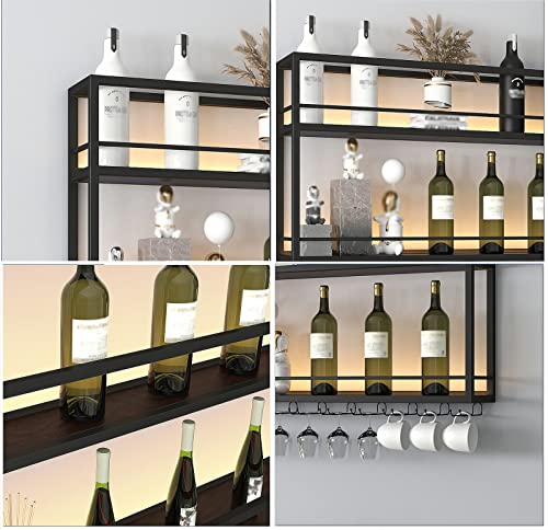 EYLINK Industrial Wall Mounted Wine Racks, Metal Hanging Wine Bottle Holder with Glass Holder, 2-Layer Wood Shelves for Living Room Kitchen Decor