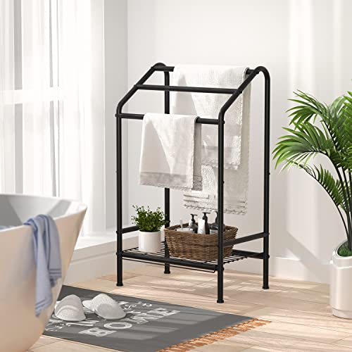 Pickpiff 3 Tier Towel Rail Rack Stand with Storage Platform, Free-standing Metal Towel Drying Shelf, Washcloths Holder, Bathroom Storage Organize