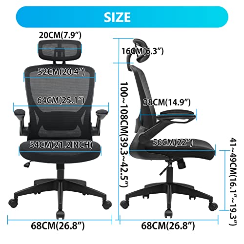 KERDOM Ergonomic Office Chair, Breathable Mesh Desk Chair, Lumbar Support Computer Chair with Headrest and Flip-up Arms, Swivel Task Chair, Adjus