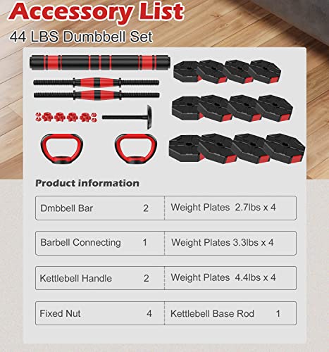 Prapark Adjustable Dumbbell Set - 22/44/66/88LB Free Weights Set with Connector - 4 in1 Weights Dumbbells Set Used as Barbell, Kettlebells, Push