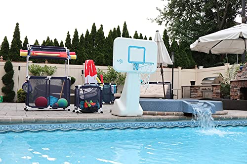Pool Bins Outdoor Pool Floats, Balls, Toys and Equipment Rolling Mesh Organizer Storage Bin, Large (35" W x 25.4" L x 37.5" H), Blue/White