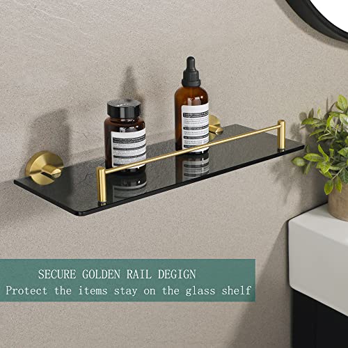 Mooche Tempered Glass Shelf Bathroom Shelf with Rail Wall Mounted 15 Inch, SUS304 Stainless Steel Golden Bracket and Black Tempered Glass, GDL538