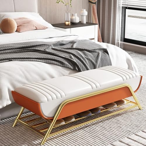 N/A Storage Bench with Shoe Rack, End of Bed with Leather Seat, Upholstered Bedroom Bed Bench Ottoman with Legs, for Hallway, Entryway, Living Ro