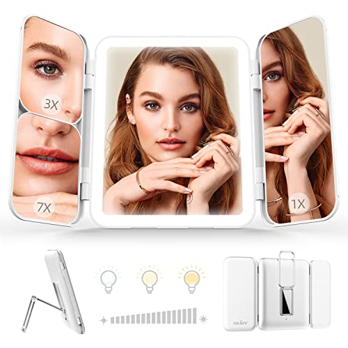 LED Makeup Mirror with Lights 3 Colour Light Rechargeable Portable Travel Mirror with 1X/3X/7X Magnification, Tri-Fold Lighted Vanity Mirror Make