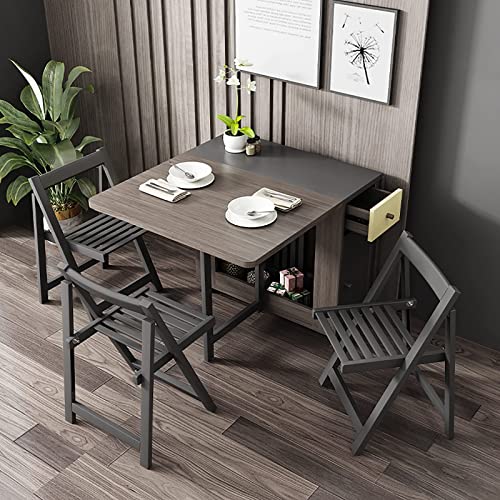 DISHENGZHEN Foldable Dining Table Set with 4 Chairs, Mobile Drop Leaf Table and Wooden Storage Table with 2 Wheels, Perfect for Kitchen, Dining R