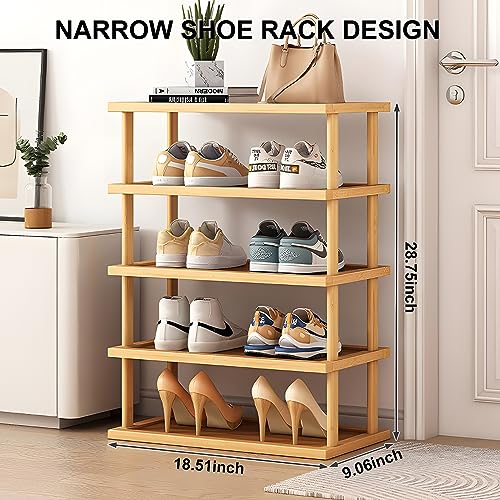 QYESWHSR 5 Tier Shoe Rack for Closet, Narrow Shoe Rack for Entryway, Small Bamboo Shoe Organizer, Space Saving Narrow Shoe Shelf, Stackable Shoe