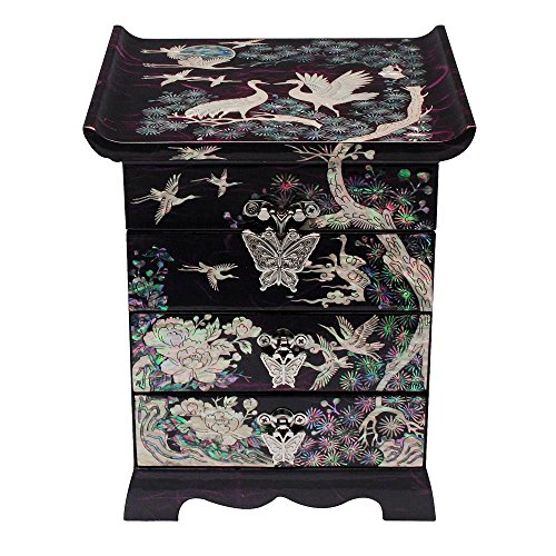 Mother of Pearl Crane Bird and Pine Tree Design Purple Wooden Jewellery Drawer Mirror Trinket Keepsake Treasure Gift Asian Lacquer Box Case Chest
