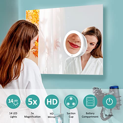 EMKE Led Magnifying Mirror, Compact Mirror with Lights 5X Magnifying Mirror with Suction Cup, Shower Cosmetic Mirror Portable Makeup Mirror for T