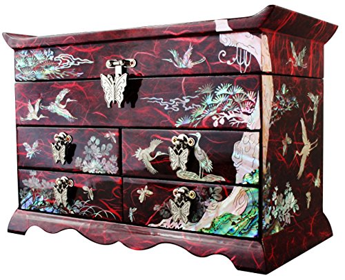 Mother of Pearl Crane Bird and Pine Tree Design Purple Wooden Jewellery Drawer Mirror Trinket Keepsake Treasure Gift Asian Lacquer Box Case Chest