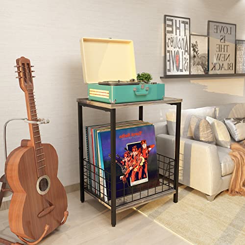 2-Tier Record Player Table, Industrial Retro Side Table Nightstand Small End Table for Living Room Bedroom Kitchen Office Small Spaces, Record Pl