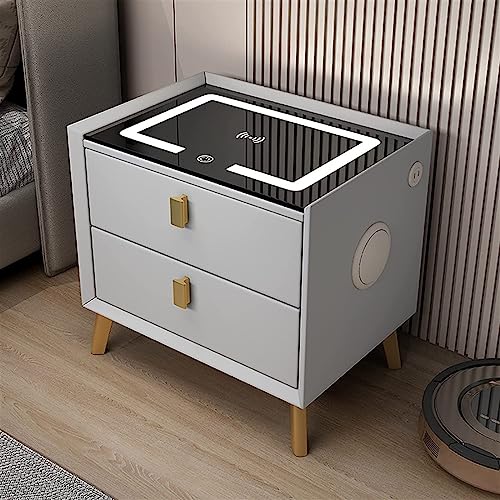 MEYFAR Wood Smart Bedside Table Simple LED Large Nightstand Bedroom Bedside Table Locker Furniture Bedroom Glass Cabinet