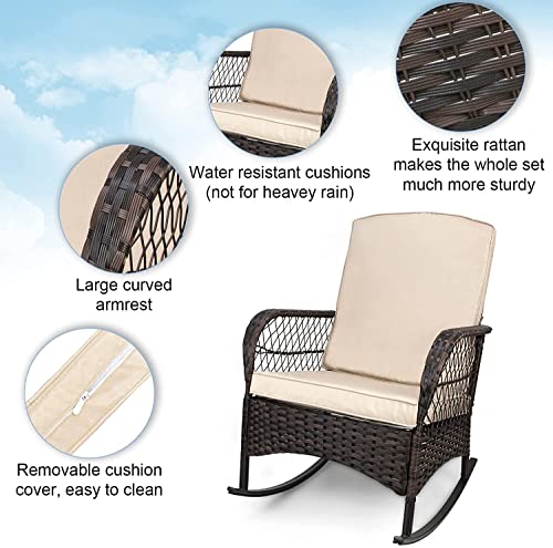 LeveLeve 3 Pieces Patio Conversation Set Chairs PE Wicker Outdoor Rocking Chairs Glass Table for Porch Lawn Garden Backyard Deck (A Sand)
